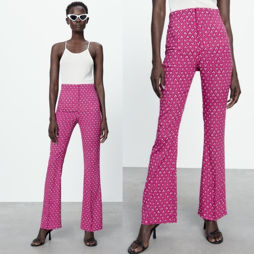 Zara Fuchsia Geometric Boot‑Cut Pants